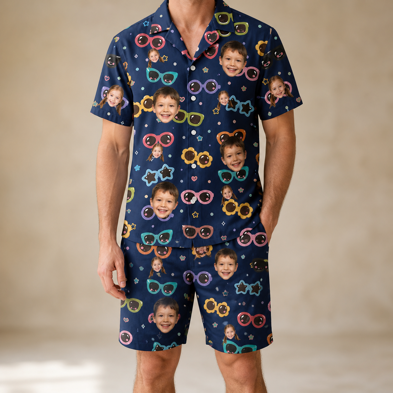 Model wearing Men's Ray Reunion Custom Face Shirt & Shorts Set printed with kids' faces