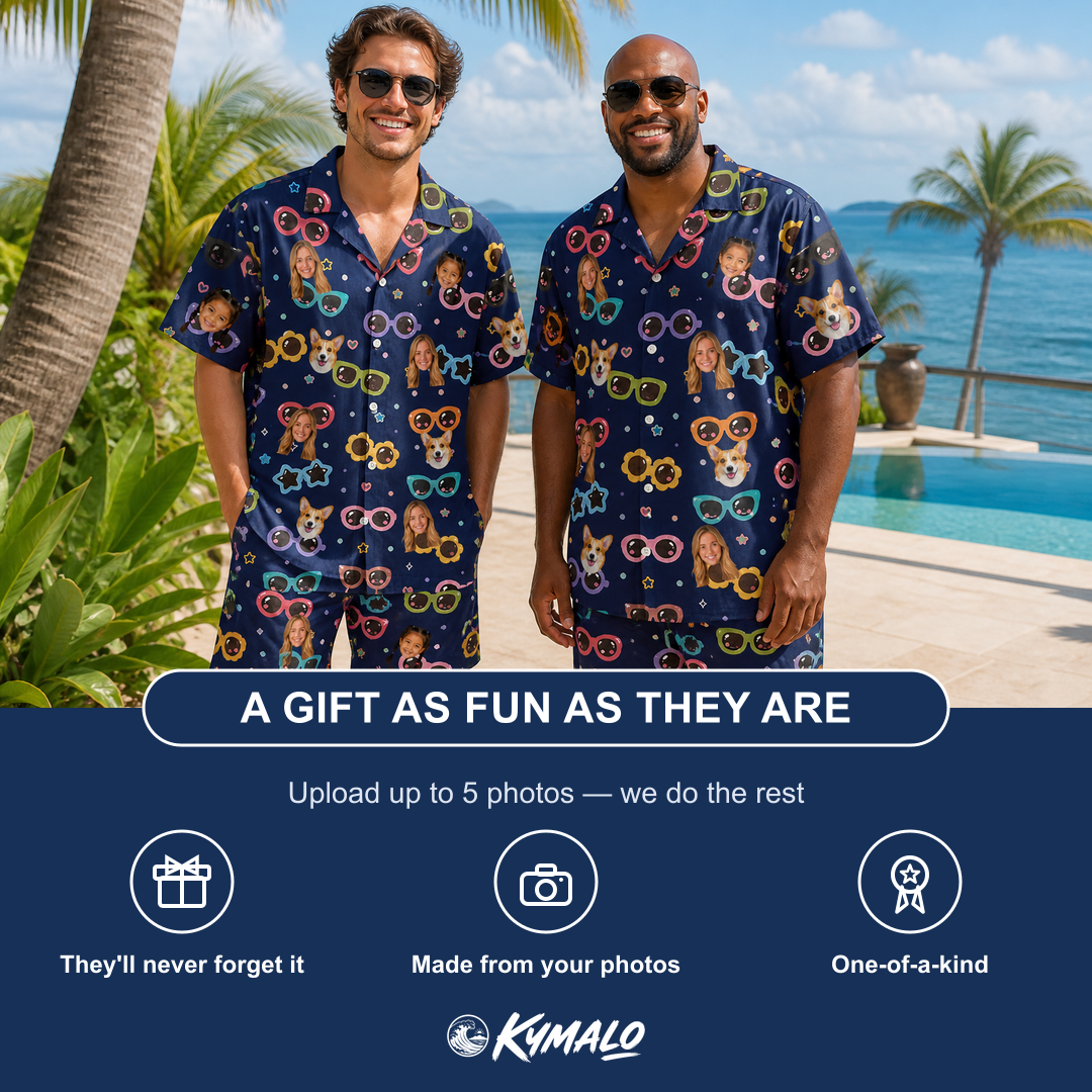 Friends in matching Men's Ray Reunion Custom Face Shirt & Shorts Set — a group gift photo