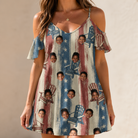 Model wearing Women's Deckchair Daydream Custom Face Off-Shoulder Dress printed with kids' faces