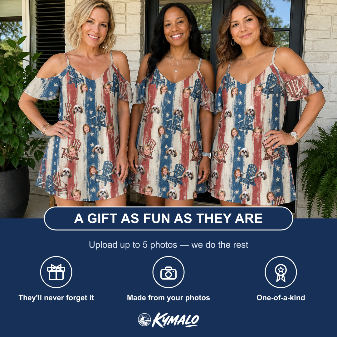 Friends in matching Women's Deckchair Daydream Custom Face Off-Shoulder Dress — a group gift photo