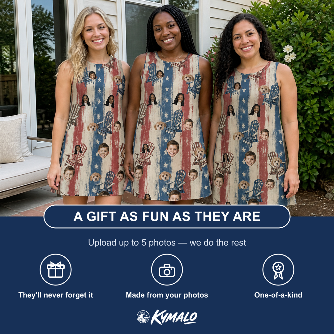 Friends in matching Women's Deckchair Daydream Custom Face Tank Dress — a group gift photo