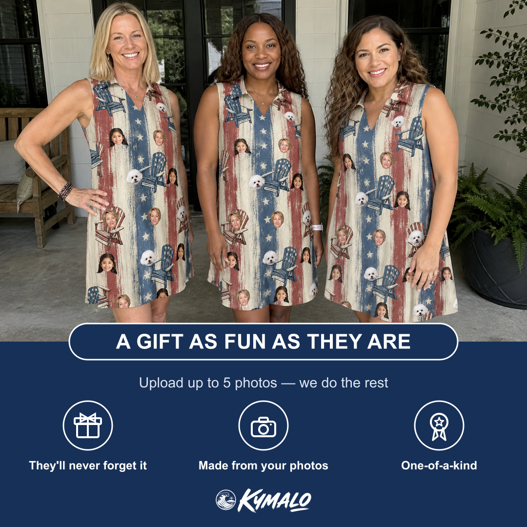 Friends in matching Women's Deckchair Daydream Custom Face V-Neck Dress — a group gift photo