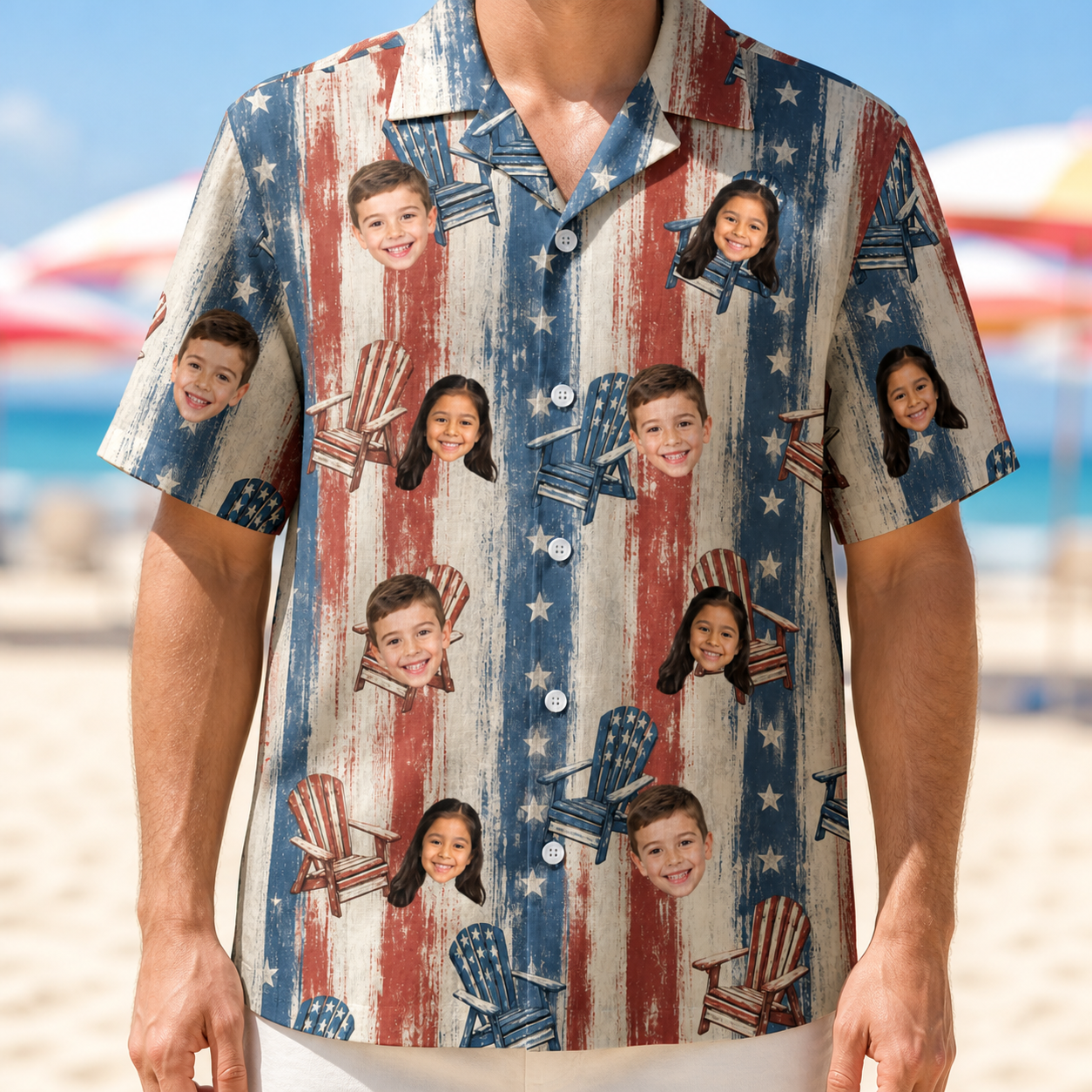Model wearing Men's Deckchair Daydream Custom Face Hawaiian Shirt printed with kids' faces