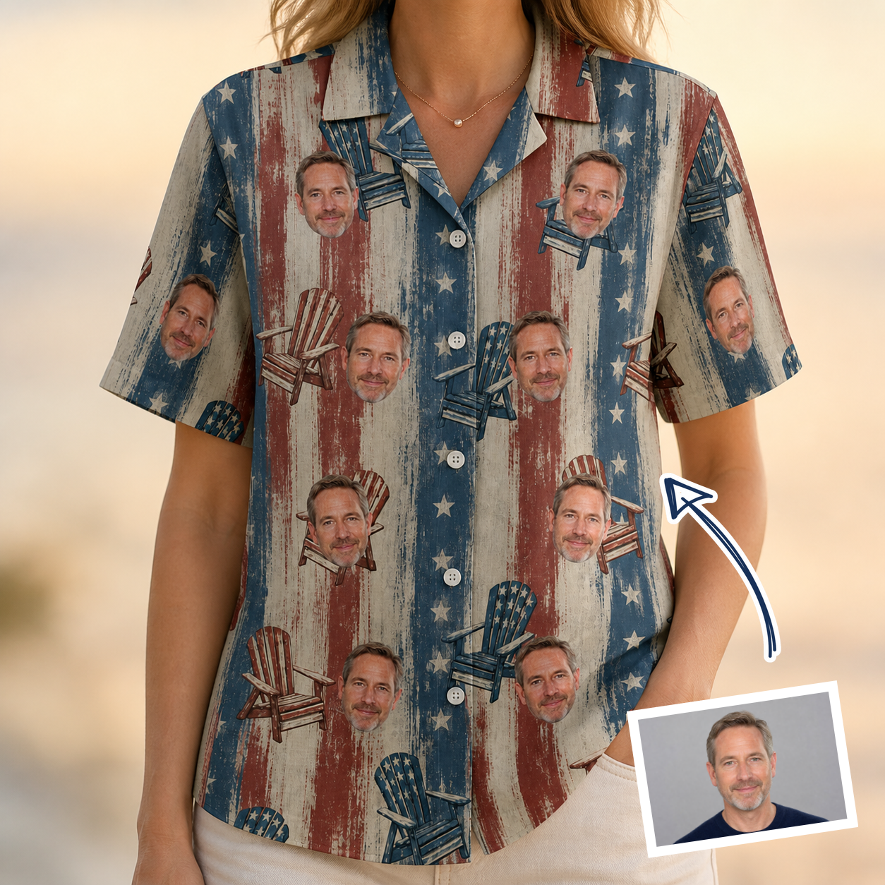 Woman wearing Women's Deckchair Daydream Custom Face Hawaiian Shirt — custom faces printed all-over