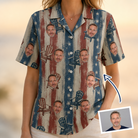 Woman wearing Women's Deckchair Daydream Custom Face Hawaiian Shirt — custom faces printed all-over