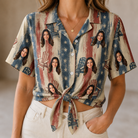 Woman wearing Women's Deckchair Daydream Custom Face Hawaiian Shirt tied at the waist