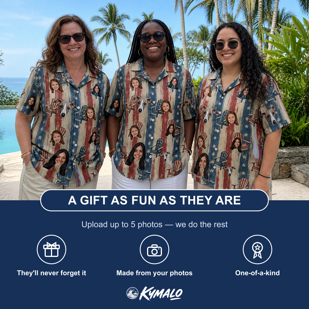 Friends in matching Women's Deckchair Daydream Custom Face Hawaiian Shirt — a group gift photo