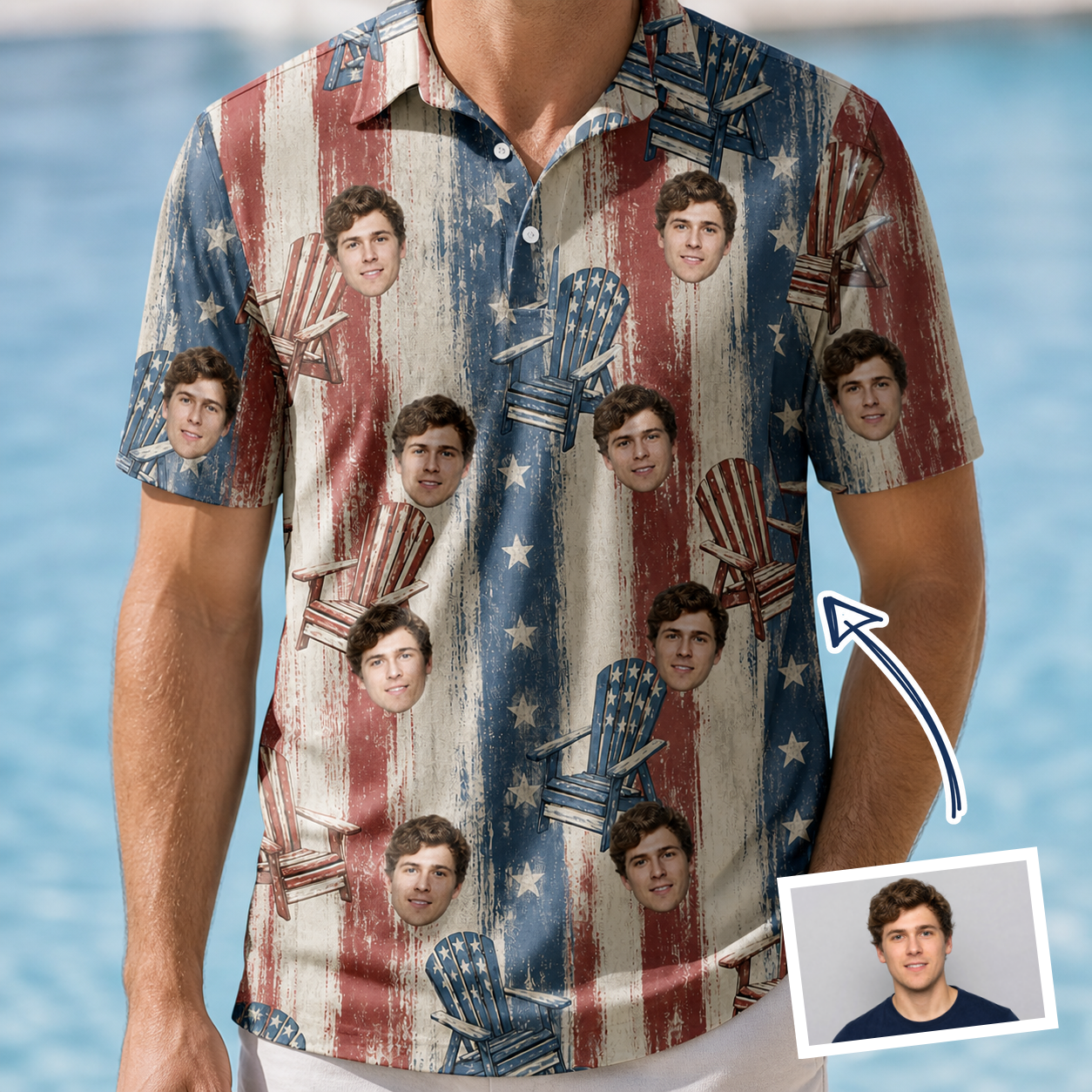 Man wearing Men's Deckchair Daydream Custom Face Polo Shirt — custom faces printed all-over
