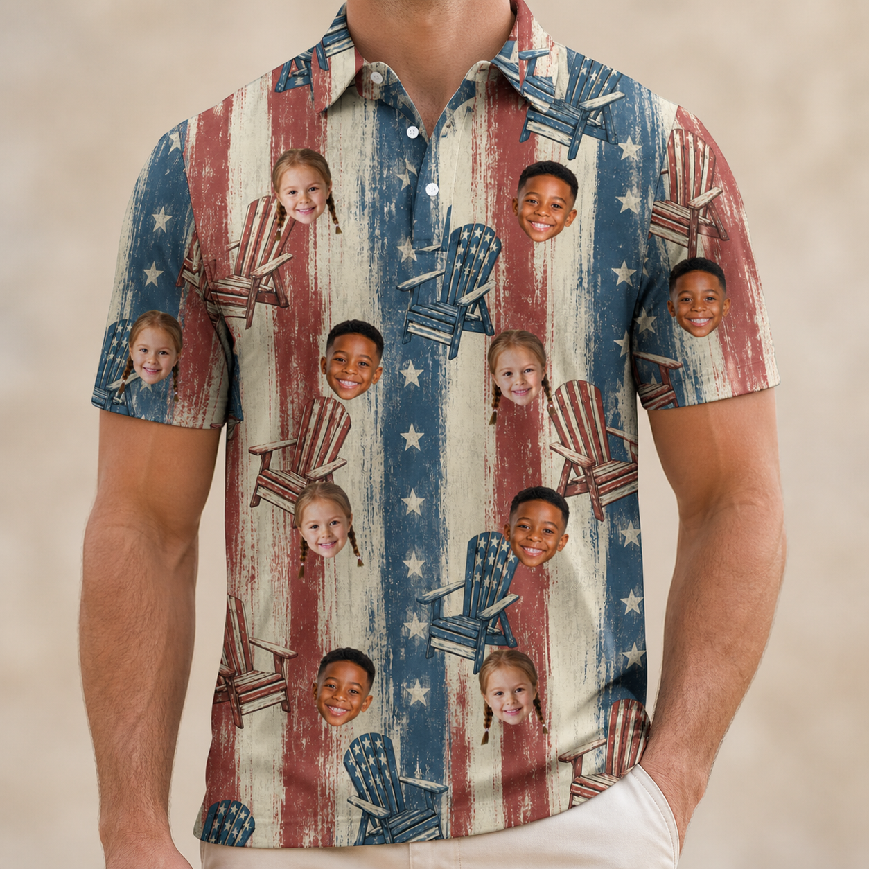 Model wearing Men's Deckchair Daydream Custom Face Polo Shirt printed with kids' faces