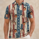 Model wearing Men's Deckchair Daydream Custom Face Polo Shirt printed with kids' faces