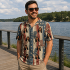 Real-life photo of someone wearing Men's Deckchair Daydream Custom Face Polo Shirt — custom faces printed all-over