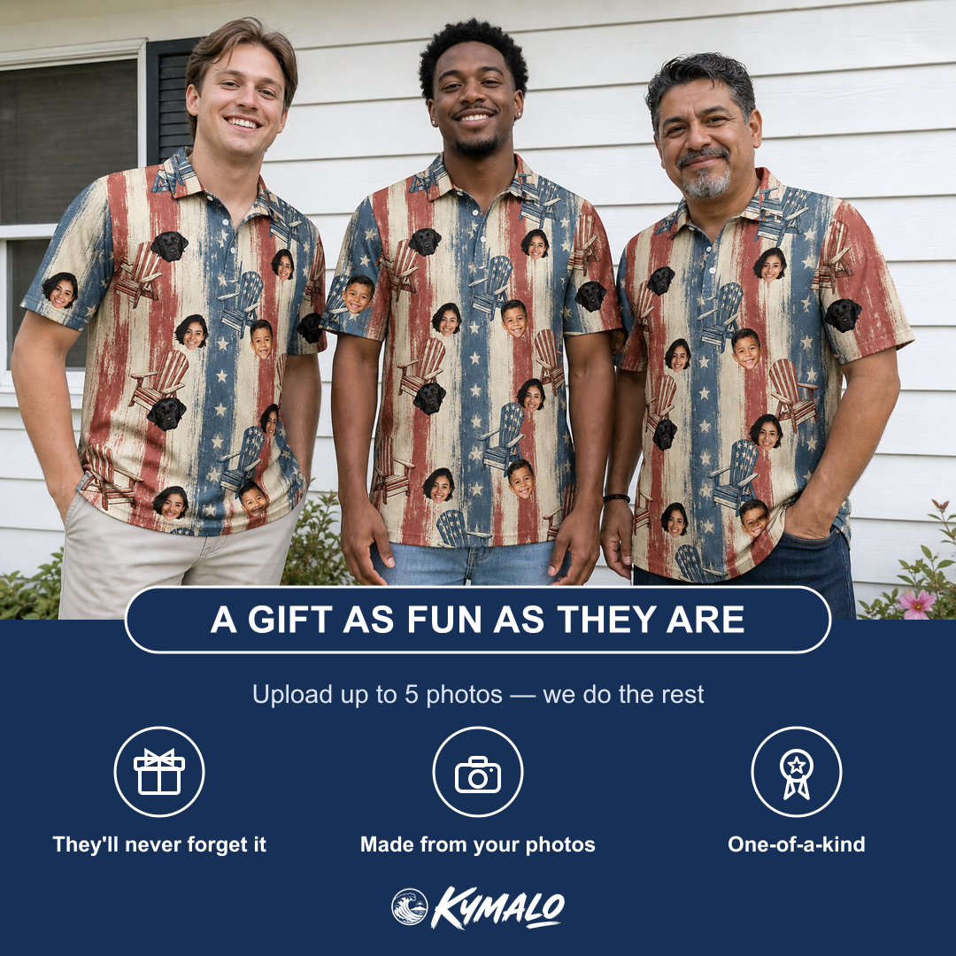 Friends in matching Men's Deckchair Daydream Custom Face Polo Shirt — a group gift photo