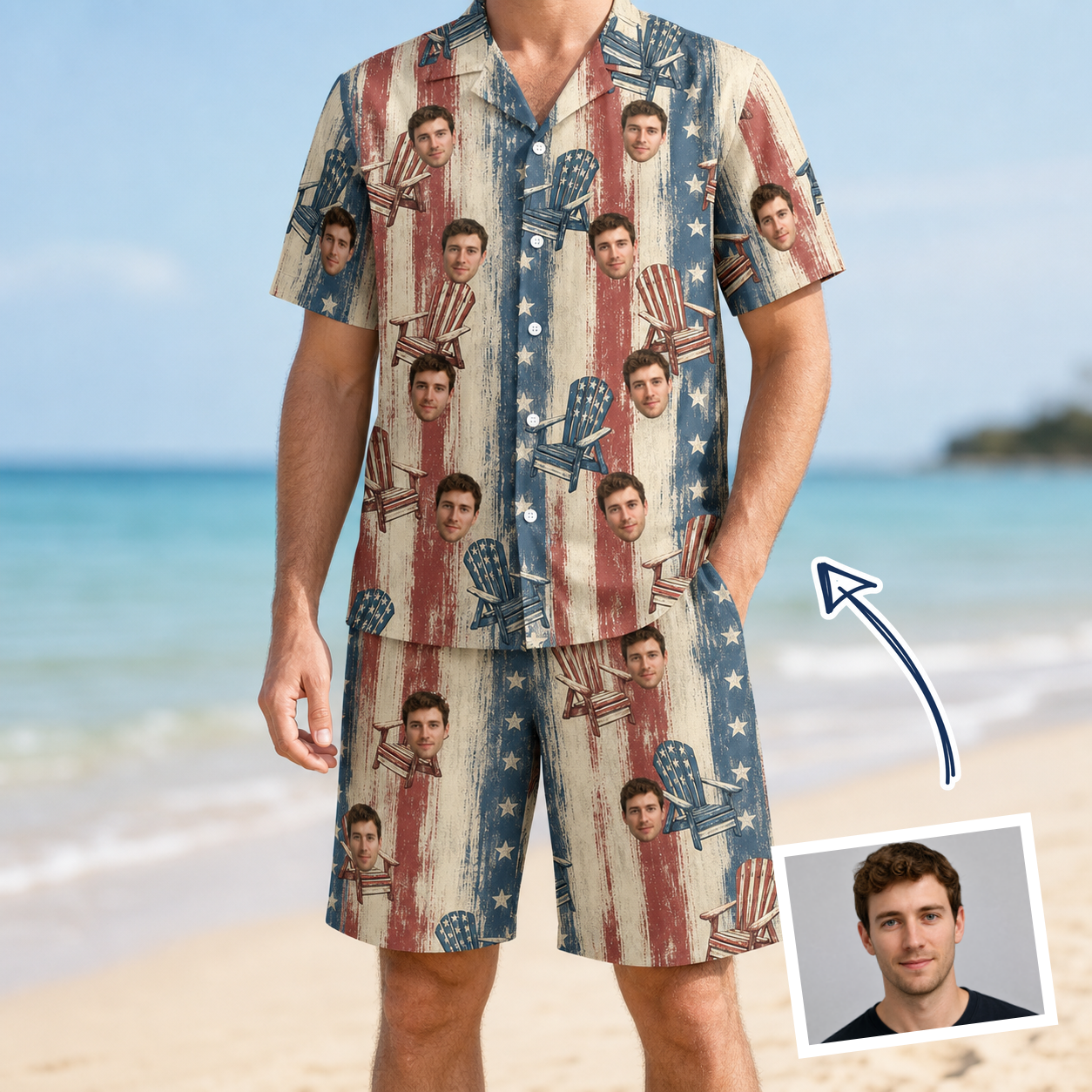 Man wearing Men's Deckchair Daydream Custom Face Shirt & Shorts Set — custom faces printed all-over