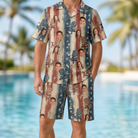 Model wearing Men's Deckchair Daydream Custom Face Shirt & Shorts Set printed with kids' faces