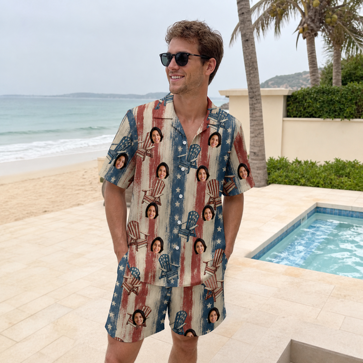 Real-life photo of someone wearing Men's Deckchair Daydream Custom Face Shirt & Shorts Set — custom faces printed all-over