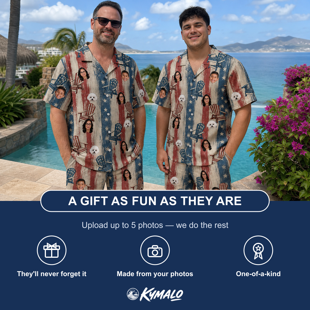Friends in matching Men's Deckchair Daydream Custom Face Shirt & Shorts Set — a group gift photo