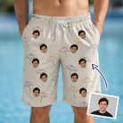 Man wearing Men's Parasol Pals Custom Face Beach Shorts — custom faces printed all-over