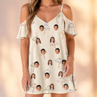 Model wearing Women's Parasol Pals Custom Face Off-Shoulder Dress printed with kids' faces