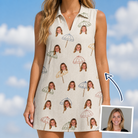Woman wearing Women's Parasol Pals Custom Face V-Neck Dress — custom faces printed all-over