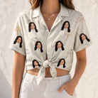Woman wearing Women's Parasol Pals Custom Face Hawaiian Shirt tied at the waist
