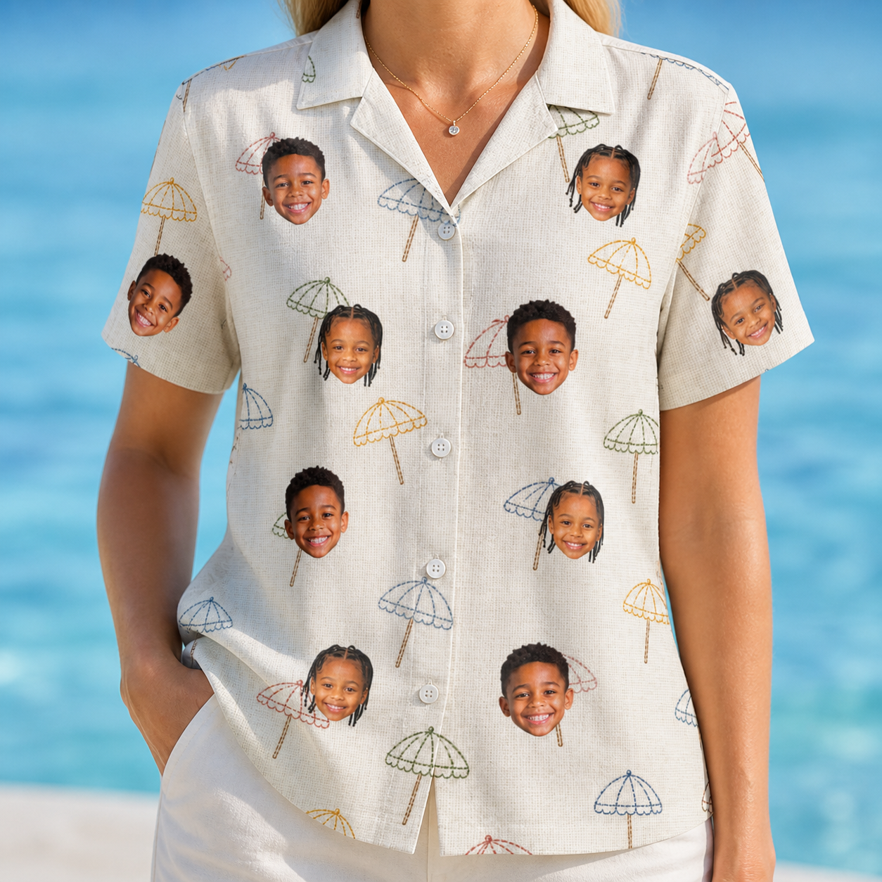 Model wearing Women's Parasol Pals Custom Face Hawaiian Shirt printed with kids' faces