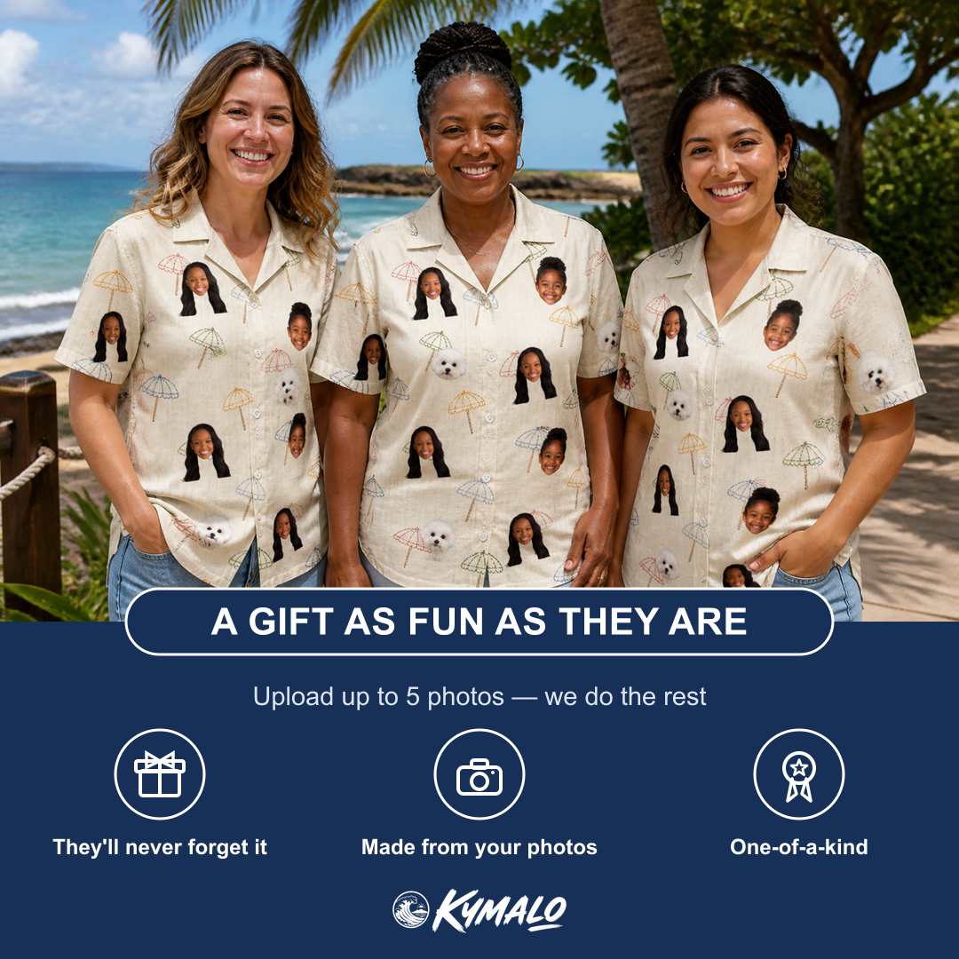 Friends in matching Women's Parasol Pals Custom Face Hawaiian Shirt — a group gift photo