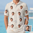 Man wearing Men's Parasol Pals Custom Face Polo Shirt — custom faces printed all-over