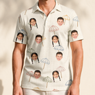 Model wearing Men's Parasol Pals Custom Face Polo Shirt printed with kids' faces