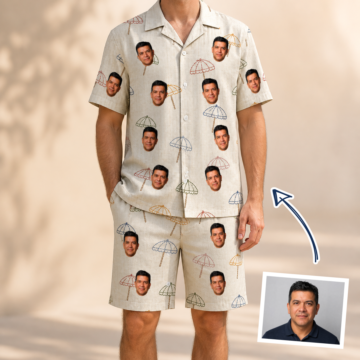 Man wearing Men's Parasol Pals Custom Face Shirt & Shorts Set — custom faces printed all-over