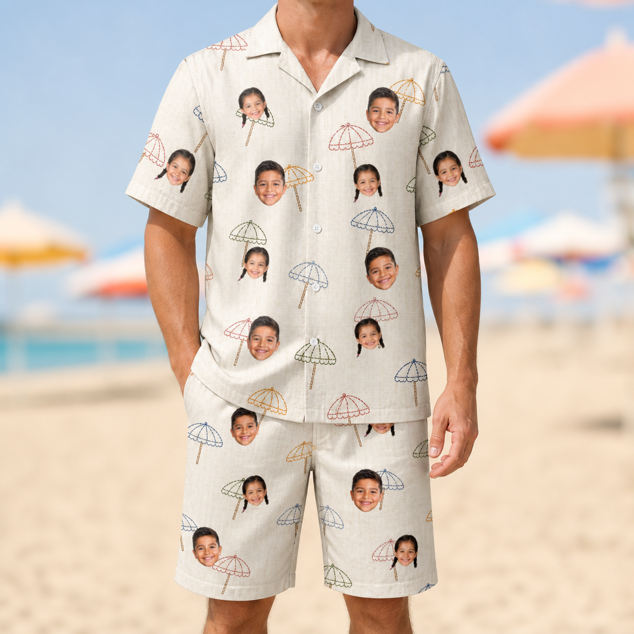 Model wearing Men's Parasol Pals Custom Face Shirt & Shorts Set printed with kids' faces