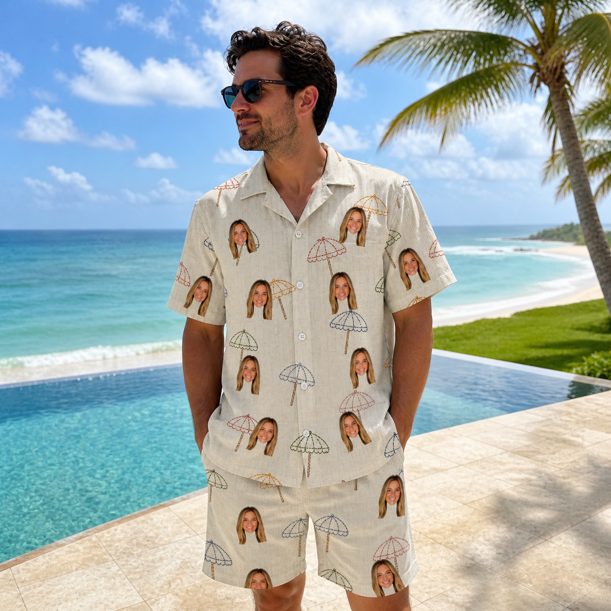 Real-life photo of someone wearing Men's Parasol Pals Custom Face Shirt & Shorts Set — custom faces printed all-over