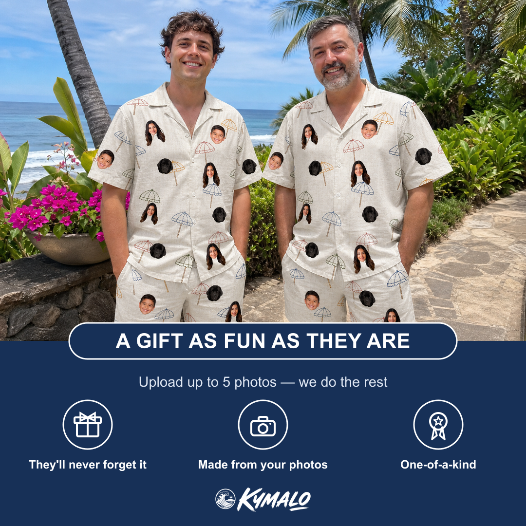 Friends in matching Men's Parasol Pals Custom Face Shirt & Shorts Set — a group gift photo