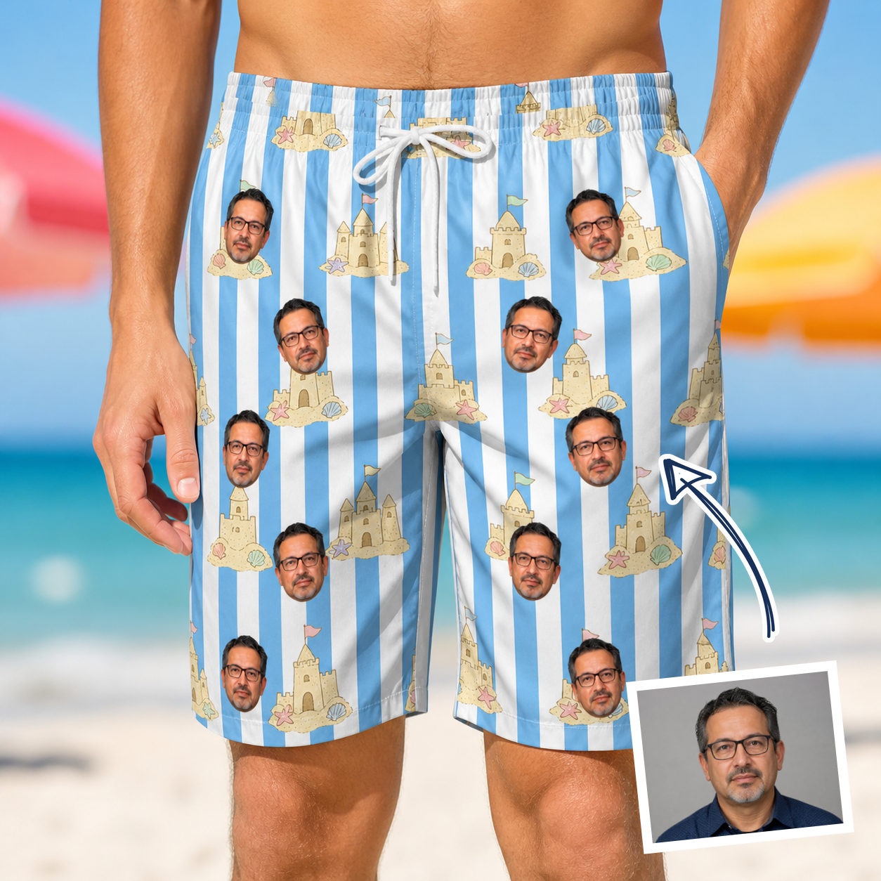 Man wearing Men's Sandcastle Safari Custom Face Beach Shorts — custom faces printed all-over