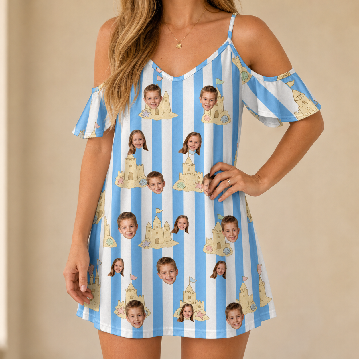Model wearing Women's Sandcastle Safari Custom Face Off-Shoulder Dress printed with kids' faces