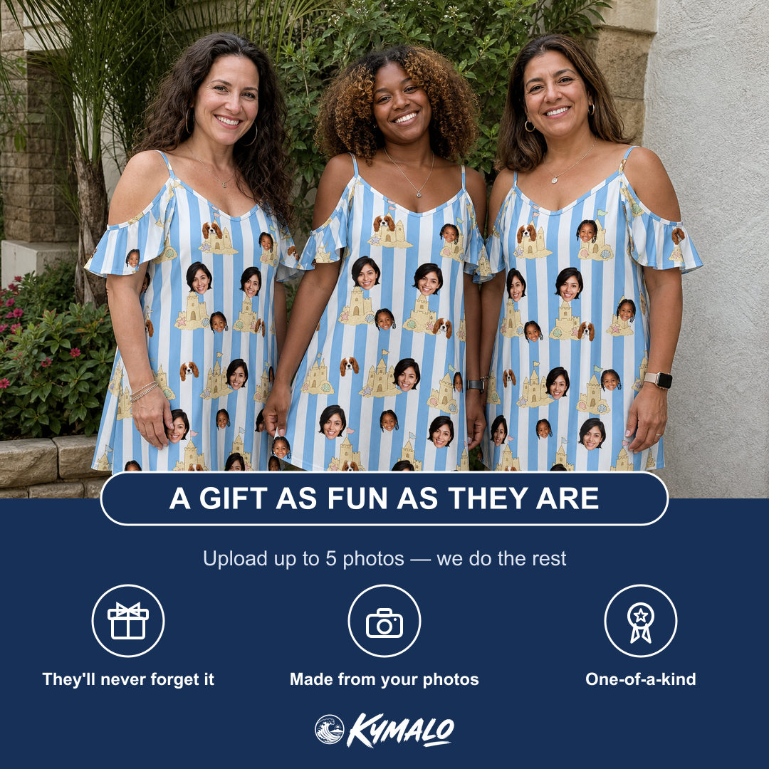 Friends in matching Women's Sandcastle Safari Custom Face Off-Shoulder Dress — a group gift photo