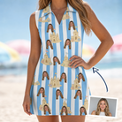 Woman wearing Women's Sandcastle Safari Custom Face V-Neck Dress — custom faces printed all-over