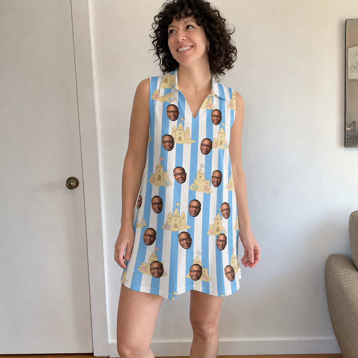 Real-life photo of someone wearing Women's Sandcastle Safari Custom Face V-Neck Dress — custom faces printed all-over