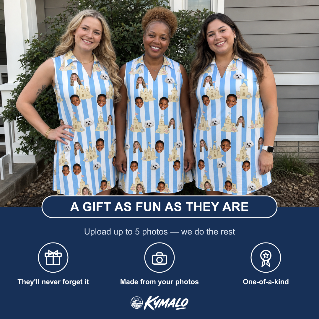 Friends in matching Women's Sandcastle Safari Custom Face V-Neck Dress — a group gift photo