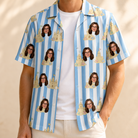 Man wearing Men's Sandcastle Safari Custom Face Hawaiian Shirt open over a white tee