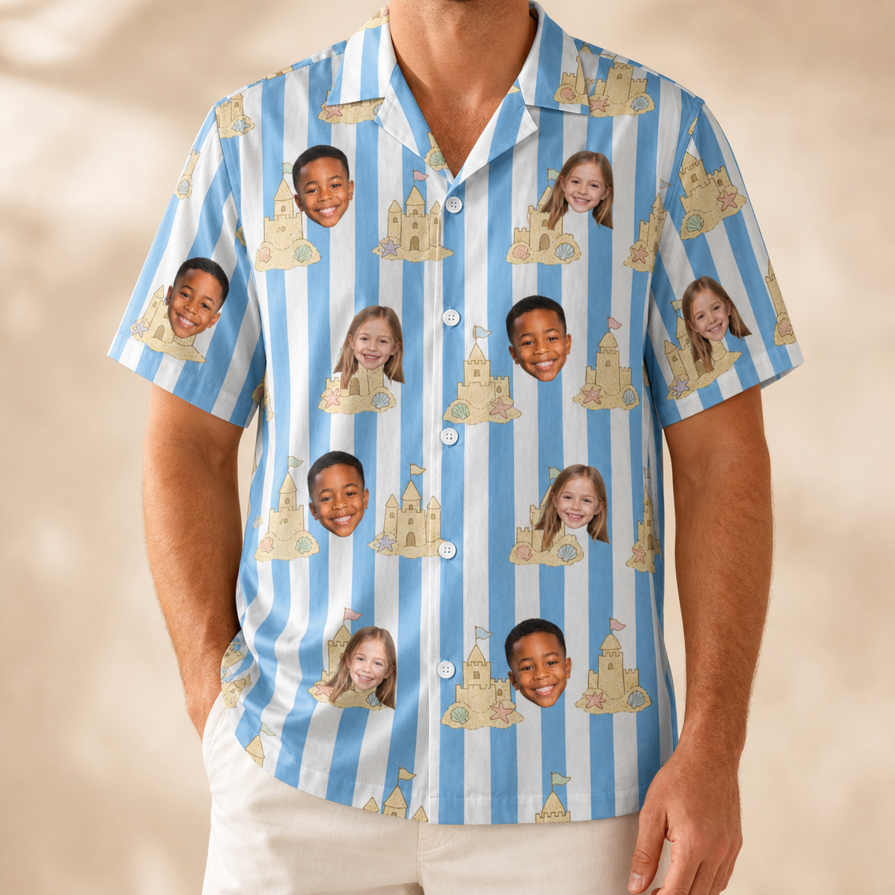 Model wearing Men's Sandcastle Safari Custom Face Hawaiian Shirt printed with kids' faces