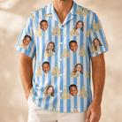 Model wearing Men's Sandcastle Safari Custom Face Hawaiian Shirt printed with kids' faces