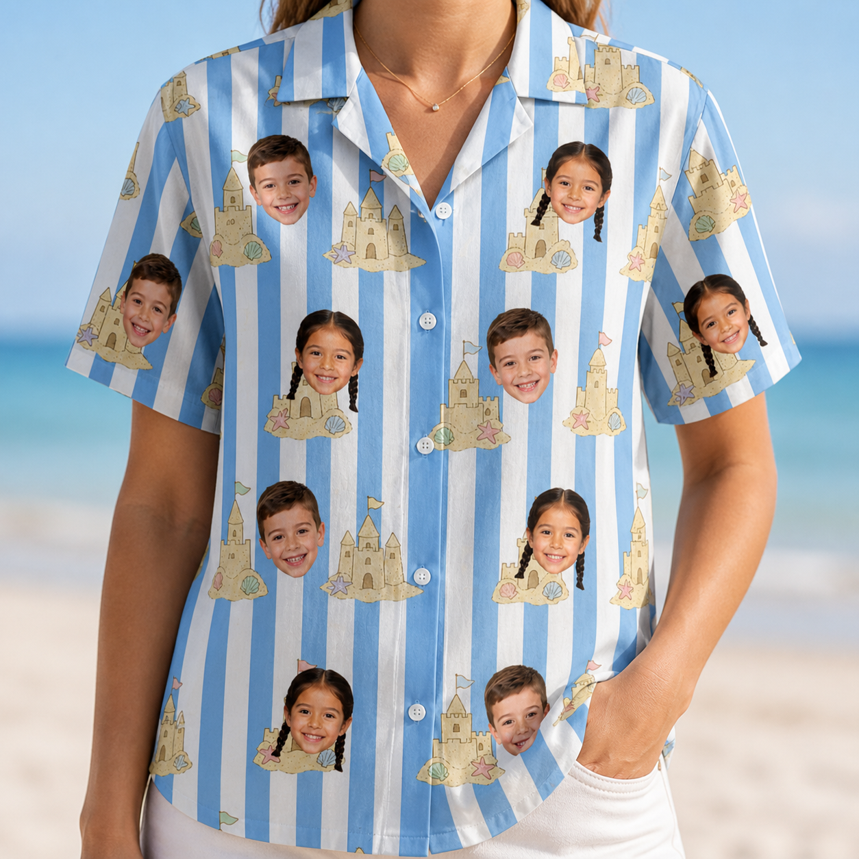 Model wearing Women's Sandcastle Safari Custom Face Hawaiian Shirt printed with kids' faces