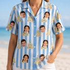 Model wearing Women's Sandcastle Safari Custom Face Hawaiian Shirt printed with kids' faces