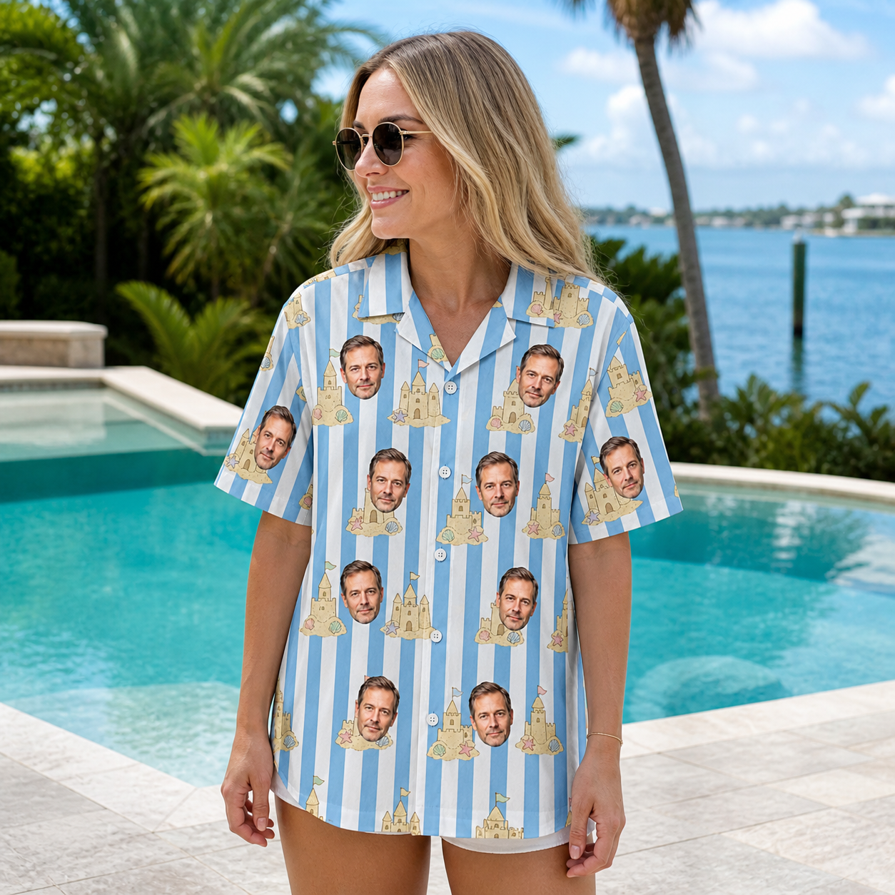 Real-life photo of someone wearing Women's Sandcastle Safari Custom Face Hawaiian Shirt — custom faces printed all-over