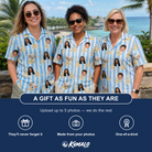 Friends in matching Women's Sandcastle Safari Custom Face Hawaiian Shirt — a group gift photo