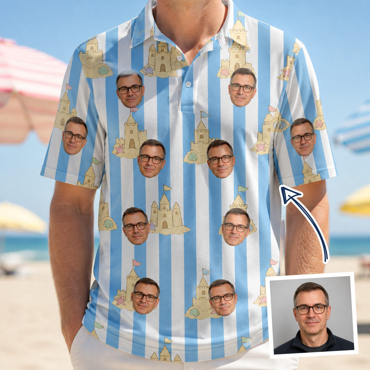 Man wearing Men's Sandcastle Safari Custom Face Polo Shirt — custom faces printed all-over