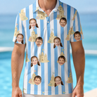 Model wearing Men's Sandcastle Safari Custom Face Polo Shirt printed with kids' faces