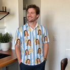 Real-life photo of someone wearing Men's Sandcastle Safari Custom Face Polo Shirt — custom faces printed all-over