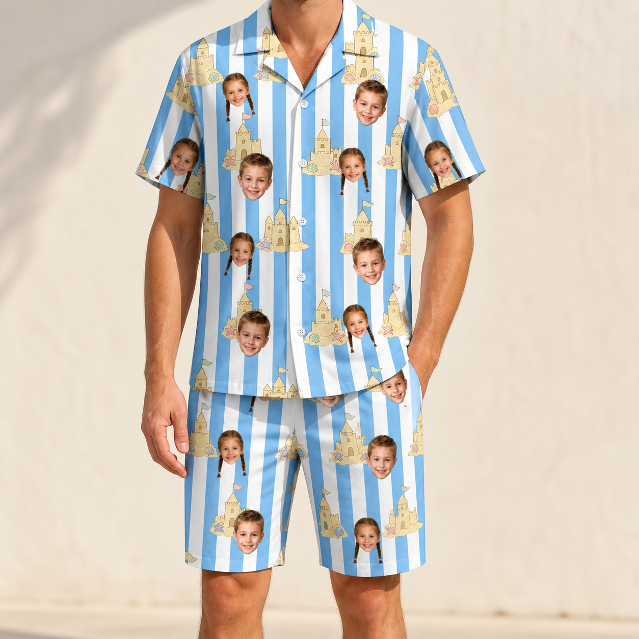 Model wearing Men's Sandcastle Safari Custom Face Shirt & Shorts Set printed with kids' faces