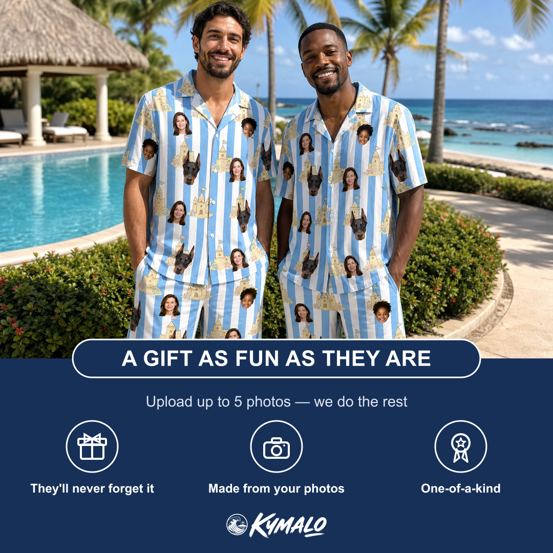 Friends in matching Men's Sandcastle Safari Custom Face Shirt & Shorts Set — a group gift photo